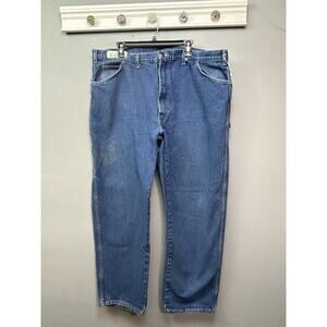 Dickies Jeans Mens 44x32 Blue Cotton Denim Carpenter Workwear Straight Logo Flaw
